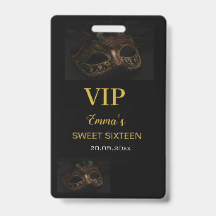 Masquerade Mask Elegant Gold Black Sweet 16 15 VIP Badge