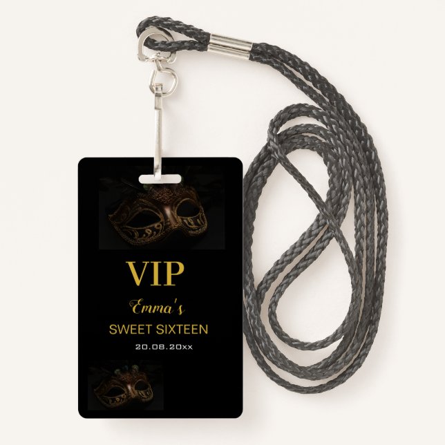 Masquerade Mask Elegant Gold Black Sweet 16 15 VIP Badge (Front with Lanyard)