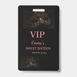 Masquerade Mask Elegant Pink Black Sweet 16 15 VIP Badge