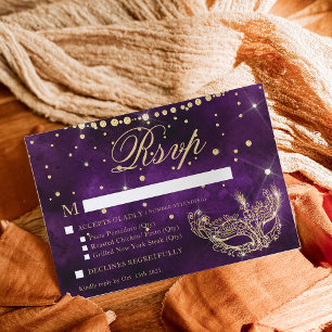 Masquerade mask elegant purple gold glitter RSVP Card