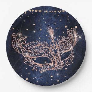 Masquerade mask elegant rose gold glitter sparkles paper plate