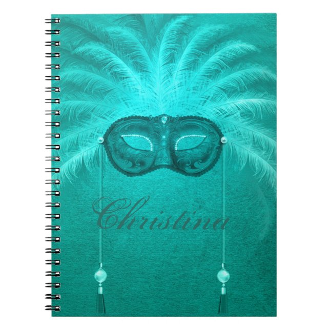 Masquerade mask elegant vintage teal feather  notebook (Front)