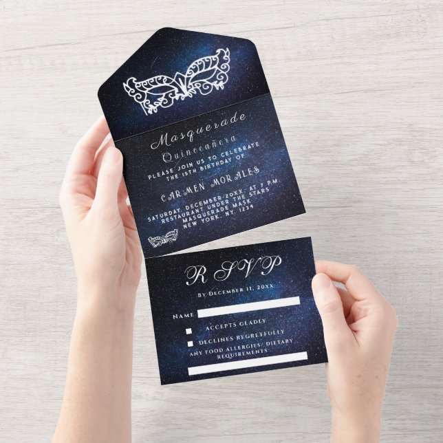 Masquerade Mask Galaxy Blue Stars Quinceanera  All In One Invitation (Tearaway)