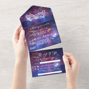 Masquerade Mask Galaxy Blue Stars Quinceanera  All In One Invitation