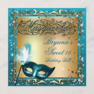 Masquerade Mask Gold & Aqua Teal Birthday Party Invitation
