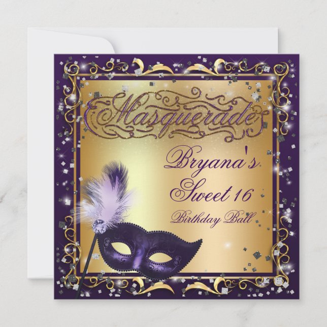 Masquerade Mask Gold & Purple Birthday Party Invitation (Front)