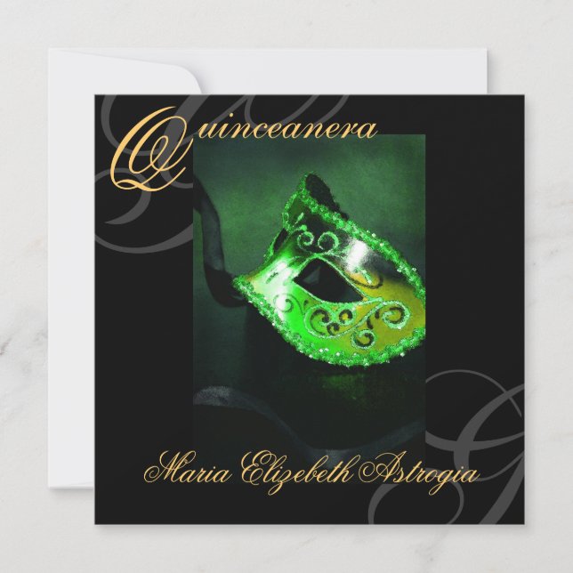Masquerade Mask Green Quinceanera Party Invitation (Front)