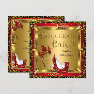 Masquerade Mask High Heel Red Gold Birthday 2 Invitation