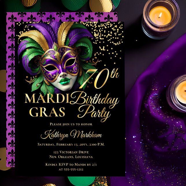 Masquerade Mask Mardi Gras 70th Birthday Party (Elegant Purple Green Gold Tone Masquerade Mask Mardi Gras 70th Birthday Party Gold Foil Invitation )