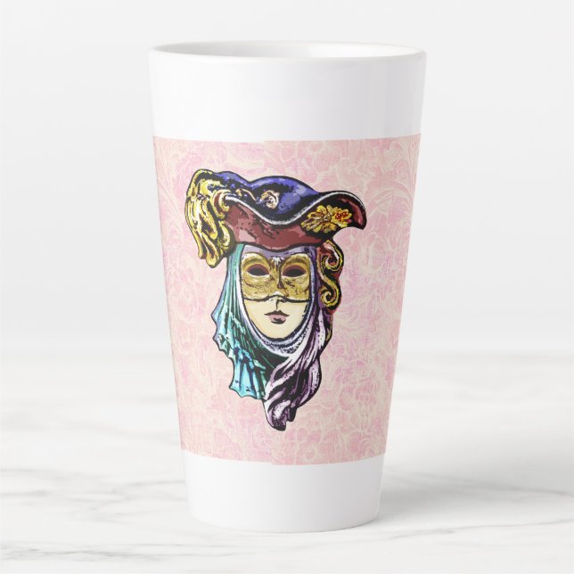  Masquerade Mask on Dusty Pink Brocade Pattern Latte Mug (Front)