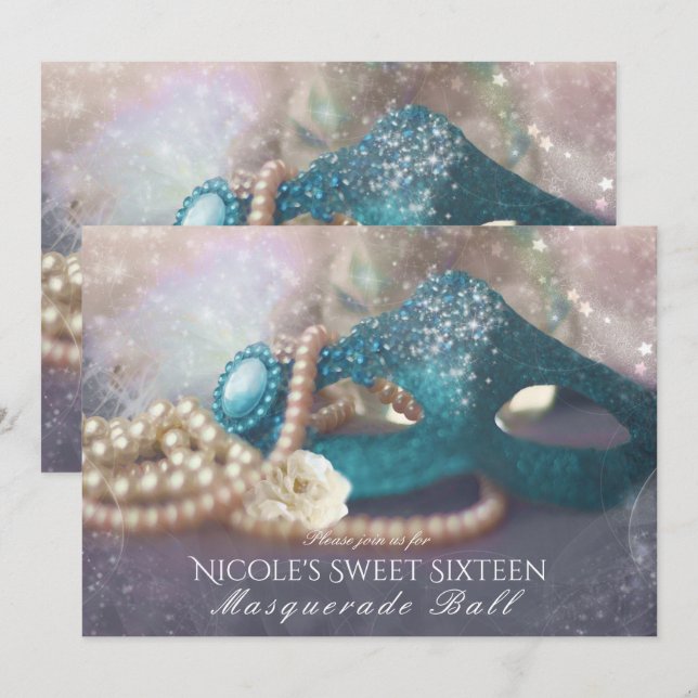 Masquerade Mask & Pearls Rainbow Party Invitations (Front/Back)