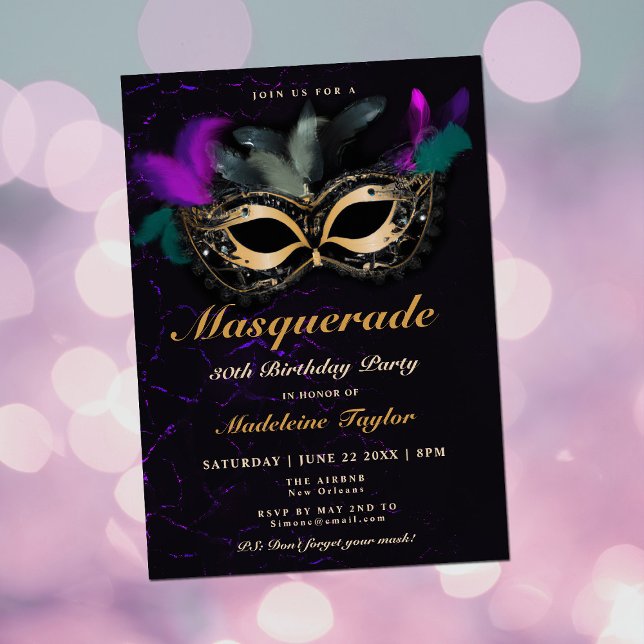 Masquerade Mask Pink Neon Black 30th Birthday Invitation (Creator Uploaded)