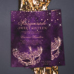 Masquerade mask purple rose gold glitter Sweet 16 Invitation<br><div class="desc">A modern,  chic and glamourous sweet sixteen with a hand drawn rose gold glitter masquerade mask with rose gold glitter diamond sparkles on a dark purple watercolor background.</div>