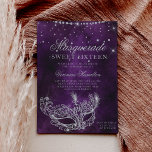 Masquerade mask purple silver glitter Sweet 16 Invitation<br><div class="desc">A modern,  chic and glamourous sweet sixteen with a hand drawn silver glitter masquerade mask with silver glitter diamond sparkles on a dark purple watercolor background.</div>