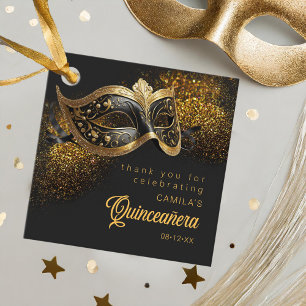 Masquerade Mask Quinceanera Black Gold ID1031 Favour Tags