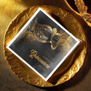 Masquerade Mask Quinceanera Black Gold ID1031 Napkin