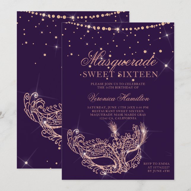 Masquerade mask rose gold glitter purple Sweet 16 Invitation (Front/Back)