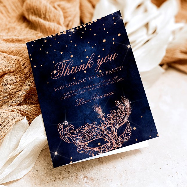 Masquerade mask rose gold glitter sparkle chic thank you card (Creator Uploaded)
