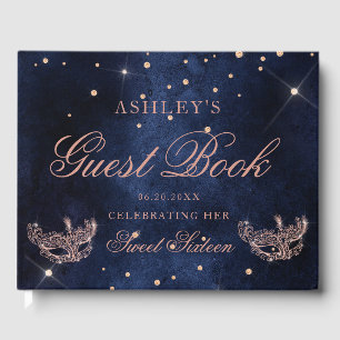 Masquerade mask rose gold glitter sparkle Sweet 16 Guest Book