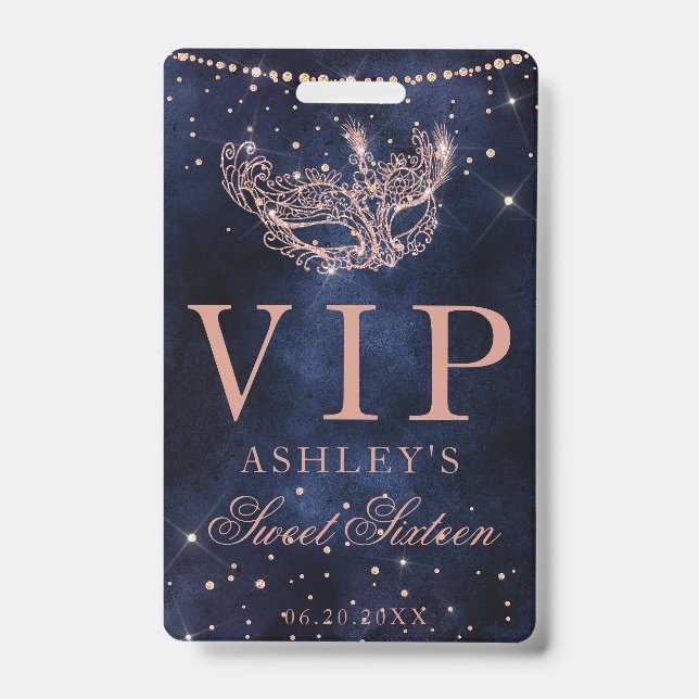 Masquerade mask rose gold glitter Sweet 16 VIP Badge (Front)