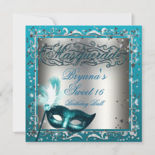 Masquerade Mask Silver & Aqua Teal Birthday Party Invitation