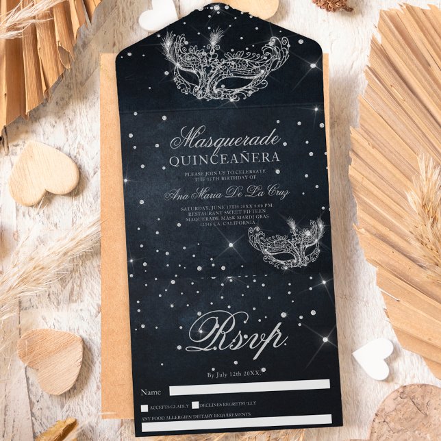 Masquerade mask silver glitter quinceanera black all in one invitation (Creator Uploaded)
