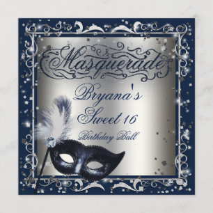 Masquerade Mask Silver & Royal Blue Birthday Party Invitation
