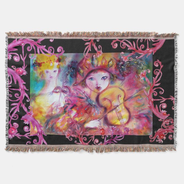 MASQUERADE MASKS ,HARLEQUIN VIOLINIST Pink Floral Throw Blanket (Front)