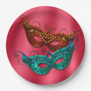 Masquerade Masks on Red Stain Paper Plates 9"