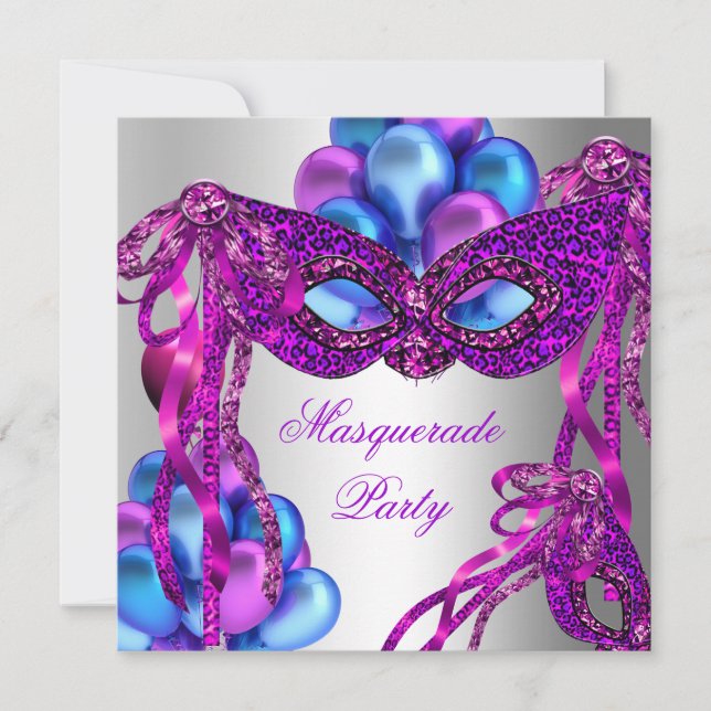 Masquerade Masks Purple Pink Blue Birthday Party Invitation (Front)