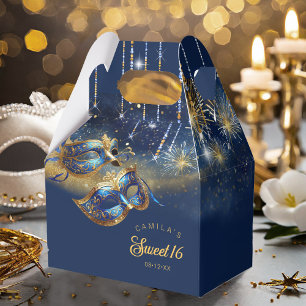 Masquerade Masks Sweet Sixteen Blue Gold ID1032 Favor Box