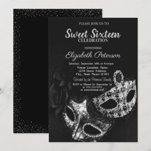 Masquerade,Masque,Black,Grey Confetti Sweet 16 Invitation