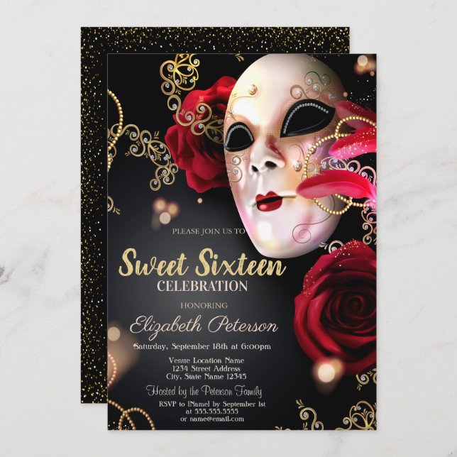 Masquerade,Masque,Confetti Red Roses Sweet 16  Invitation (Front/Back)