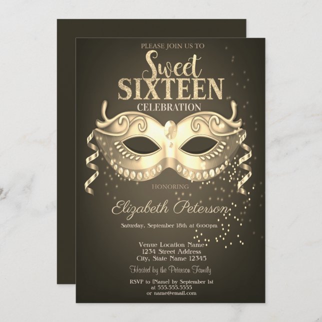 Masquerade,Masque,Confetti Sweet 16 Gold Invitation (Front/Back)