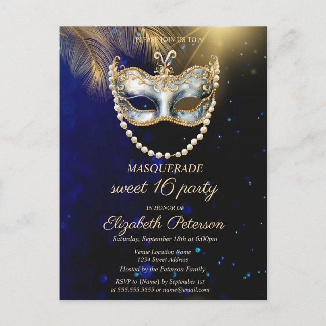 Masquerade Masque Gold Leaves Sweet 16 Invitation Postcard (Front)