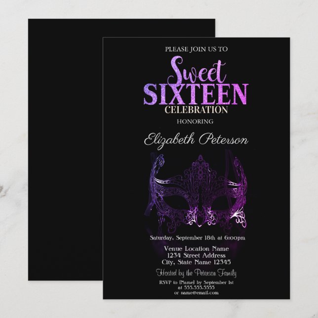 Masquerade, Masque Violet Invitation Sweet 16 (Devant / Derrière)