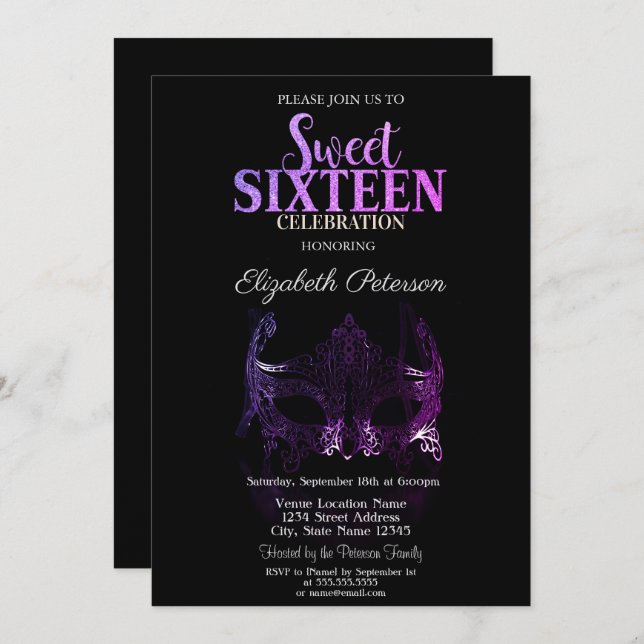 Masquerade, Masque violet Sweet 16 Invitation (Devant / Derrière)