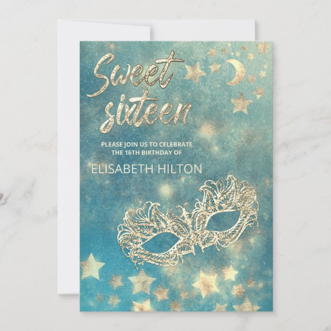 Masquerade moon & stars calligraphy sweet sixteen  invitation (Front)