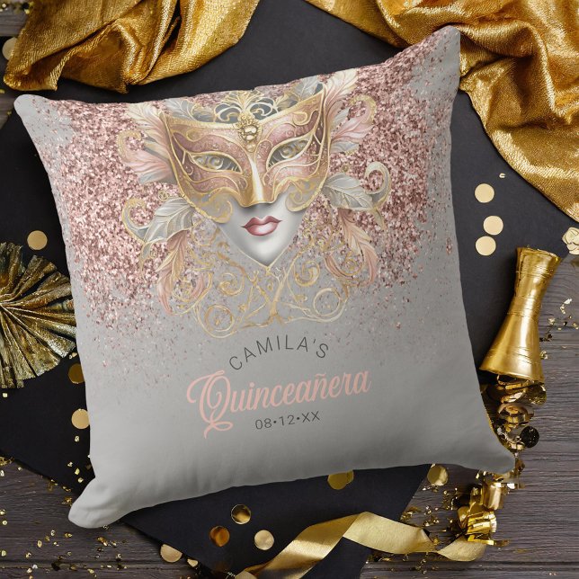 Masquerade Motif Quinceanera Rose Gold V2 ID1031 Throw Pillow (Creator Uploaded)