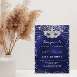 Masquerade navy blue silver birthday party invitation<br><div class="desc">For an elegant Masquerade,  21st (or any age) birthday party. A trendy navy blue background,  the blue colour is uneven. Decorated with faux silver glitter dust and a masquerade mask.  Personalize and add a name,  age and party details. The name is written with a hand lettered style script</div>