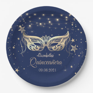 Masquerade, Navy Blue Stars  Quinceañera   Paper Plate