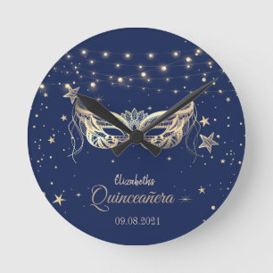 Masquerade, Navy Blue Stars  Quinceañera    Round Clock