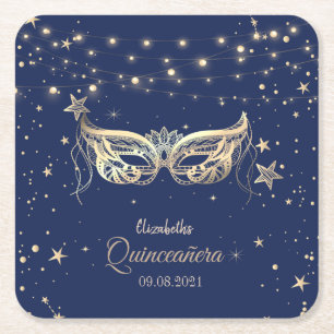 Masquerade, Navy Blue Stars Quinceañera Square Paper Coaster
