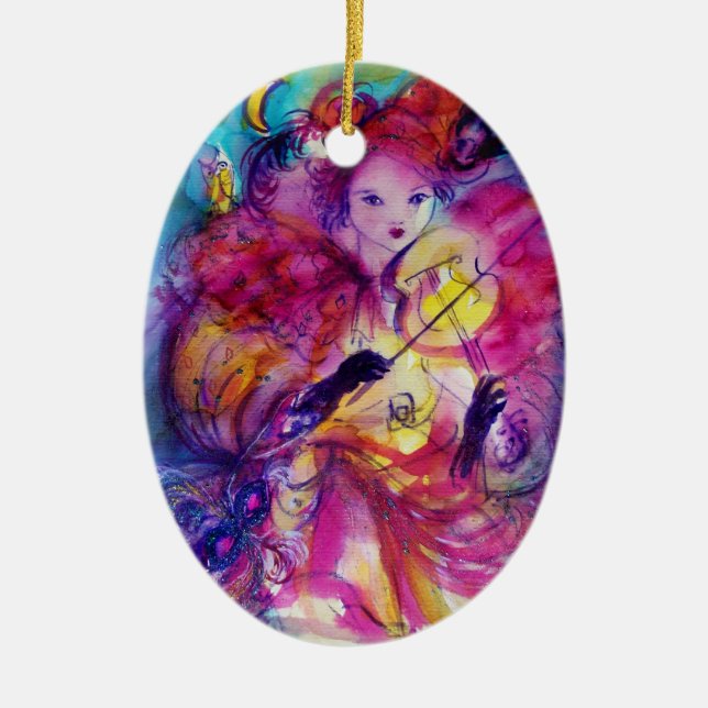 MASQUERADE NIGHT Carnival Musician in Pink Costume Ceramic Ornament (Front)