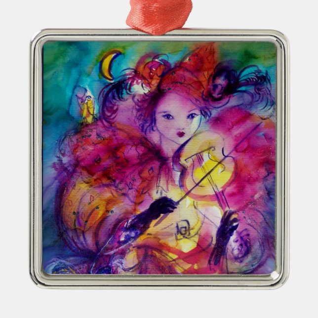 MASQUERADE NIGHT Carnival Musician in Pink Costume Metal Ornament (Front)
