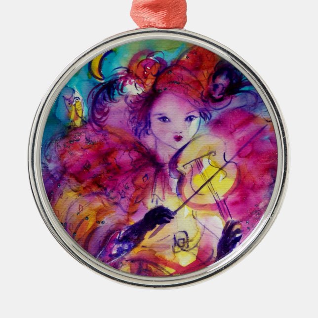 MASQUERADE NIGHT Carnival Musician in Pink Costume Metal Ornament (Front)