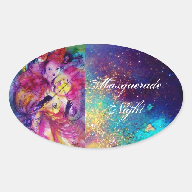 MASQUERADE NIGHT Carnival Musician in Pink Costume Oval Sticker (Front)