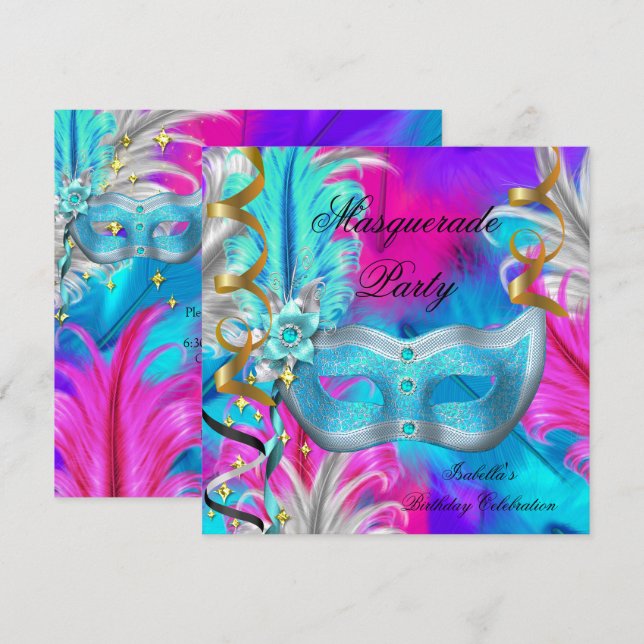Masquerade Party Birthday Teal Mask Purple Pink Invitation (Front/Back)