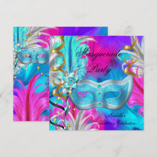 Masquerade Party Birthday Teal Mask Purple Pink Invitation