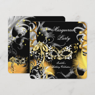 Masquerade Party Birthday Wild Mask Black Gold 3 Invitation